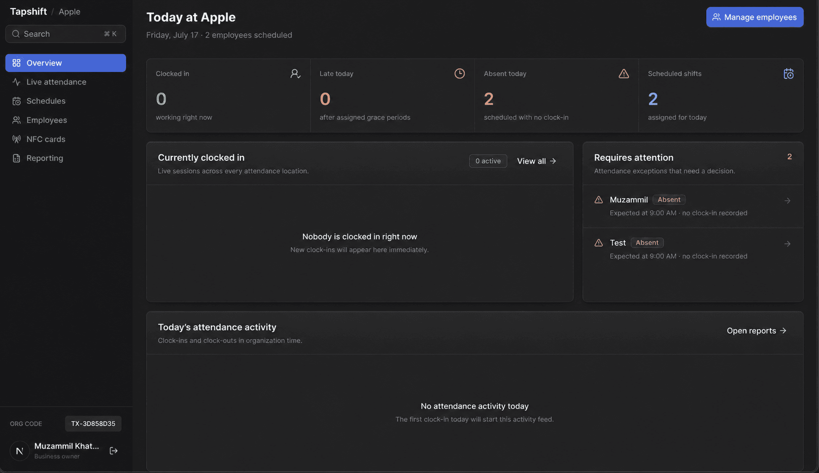 Tapshift business dashboard showing attendance status, schedules, employees, and reports